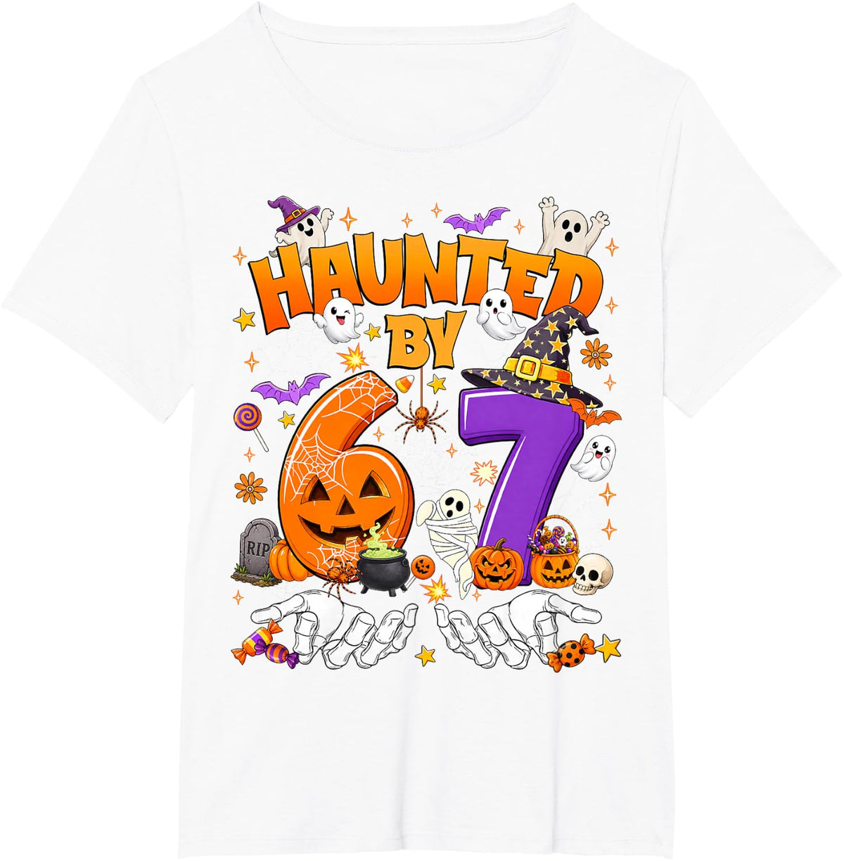 Funny Haunted By 6 7 Halloween Six Seven Meme Spooky Ghost T-Shirt - White