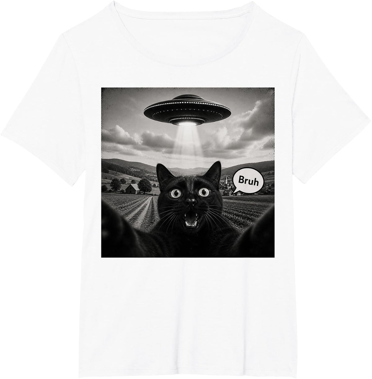 Bruh Black Cat Selfie UFO Alien Spaceship Paranormal Meme T-Shirt - White
