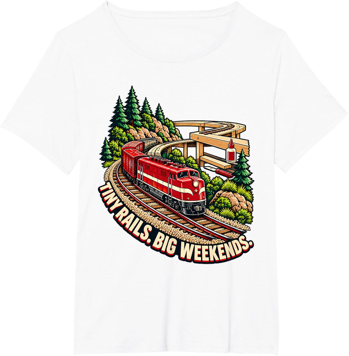 Tiny Rails. Big Weekends. Model Railroad Train Railway Hobby T-Shirt - White