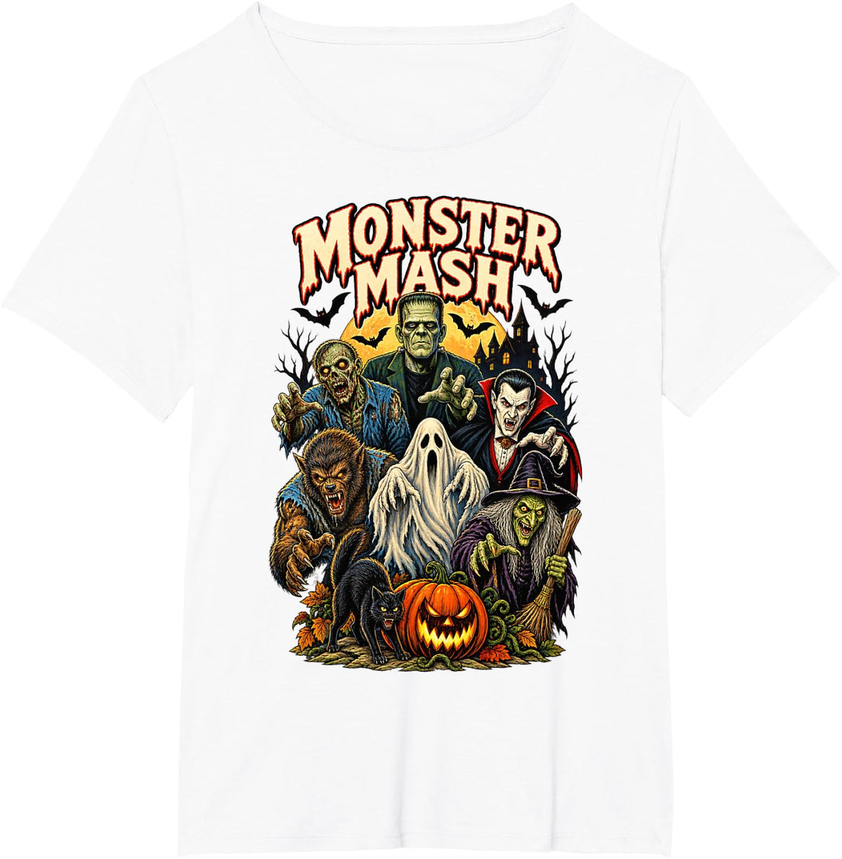 Retro Monster Mash Ghost Frankenstein Vampire Halloween Bats T-Shirt - White