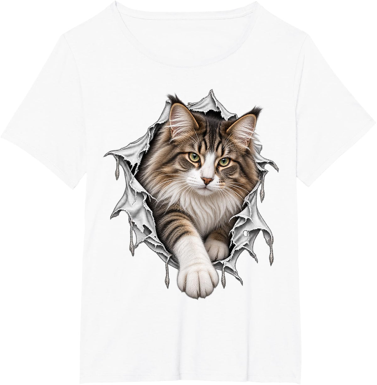 Cute Norwegian Forest Cat Stepping Out from Ripped Design T-Shirt - White