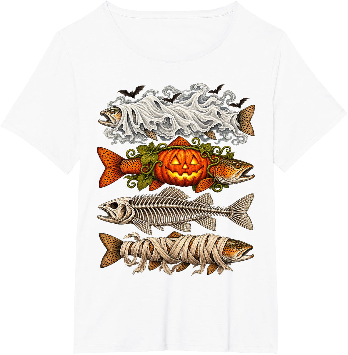 Halloween Trout Fish Ghost Pumpkin Skeleton Mummy T-Shirt - White