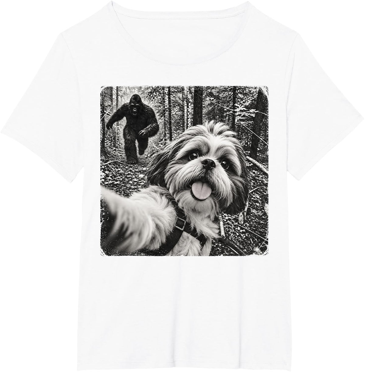 Bigfoot and Shih Tzu Funny Dog Selfie Sasquatch Chase Forest T-Shirt - White