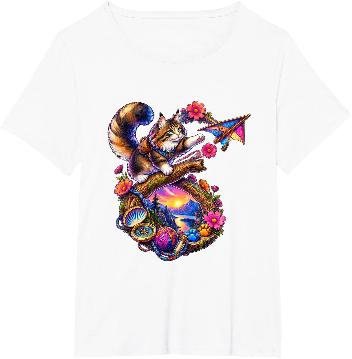 Norwegian Forest Cat Handmade Glider Adventure T-Shirt - White