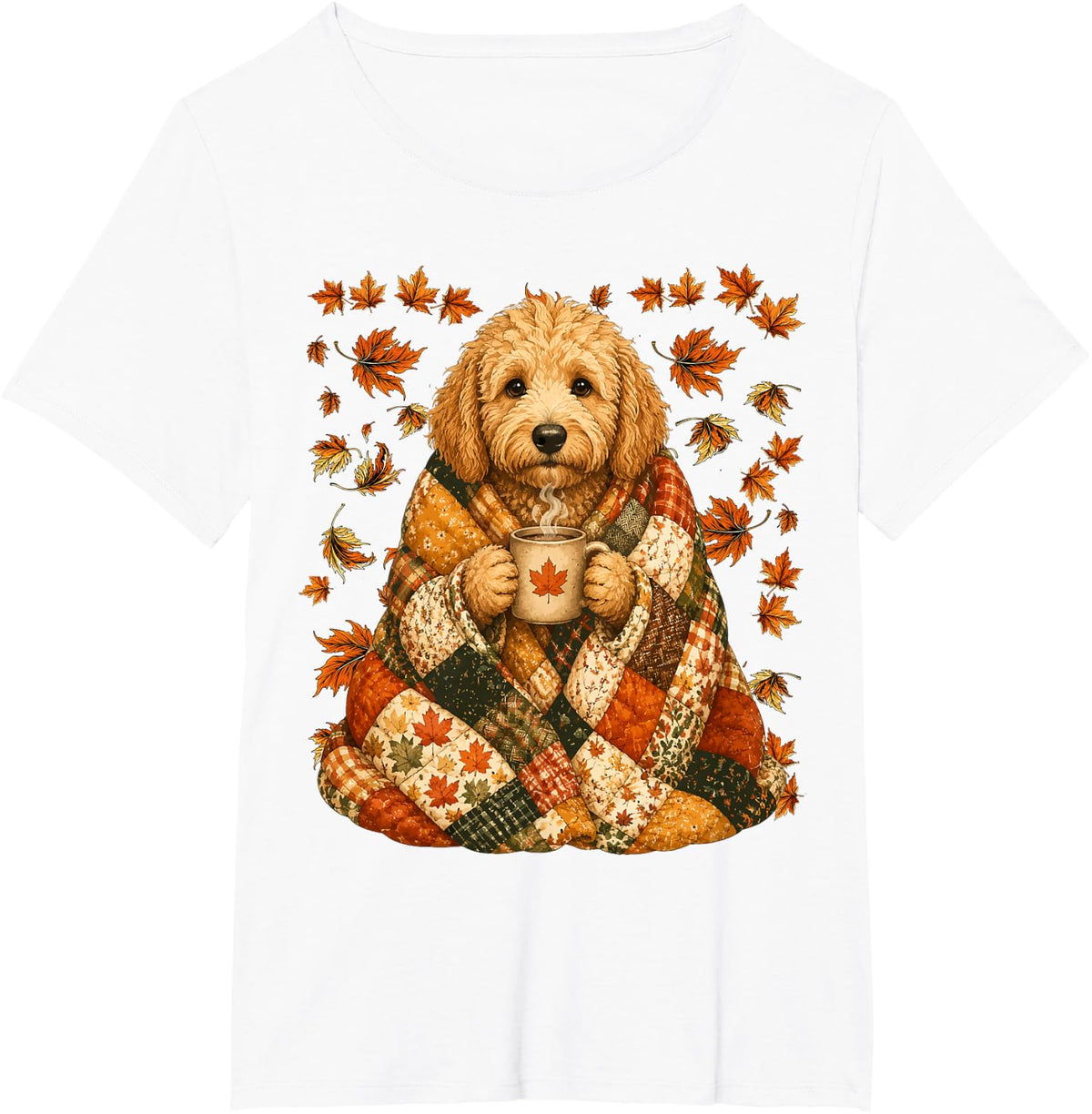 Cute Goldendoodle with Maple Leaves Cozy Autumn Dog Fall Art T-Shirt - White