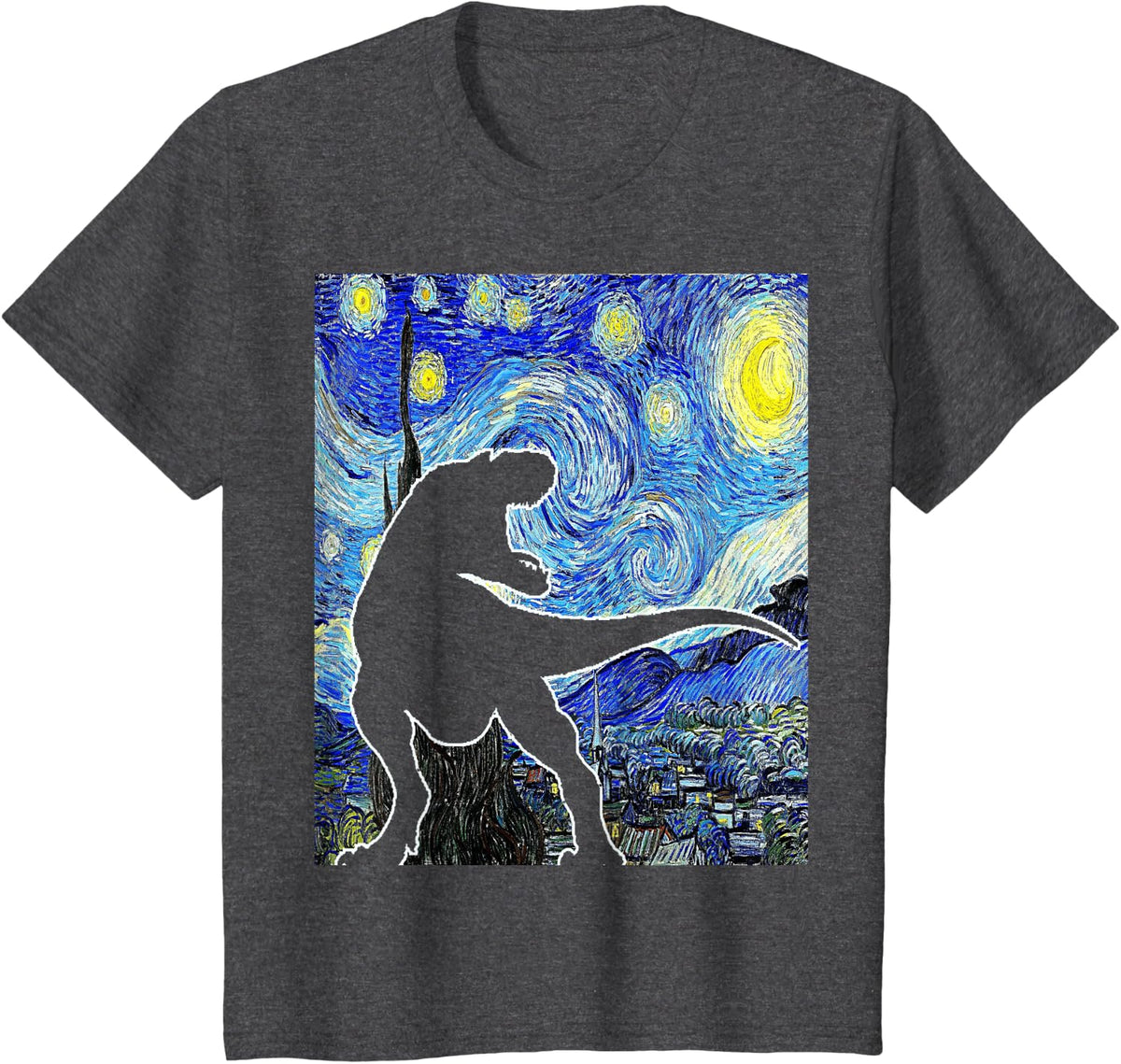Dinosaur Starry Night T Rex Van Gogh Funny Paleontologist T-Shirt - Dark Heather Grey
