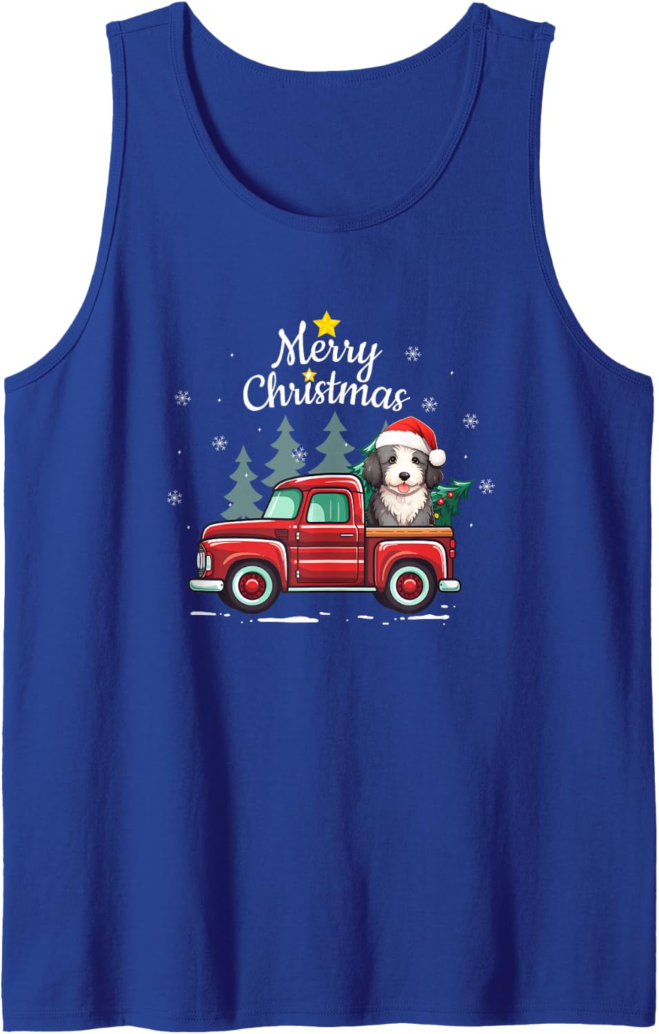 Sheepadoodle Christmas Dog Truck Plaid Funny Xmas Tree Sleeveless Tank Top - Royal Blue