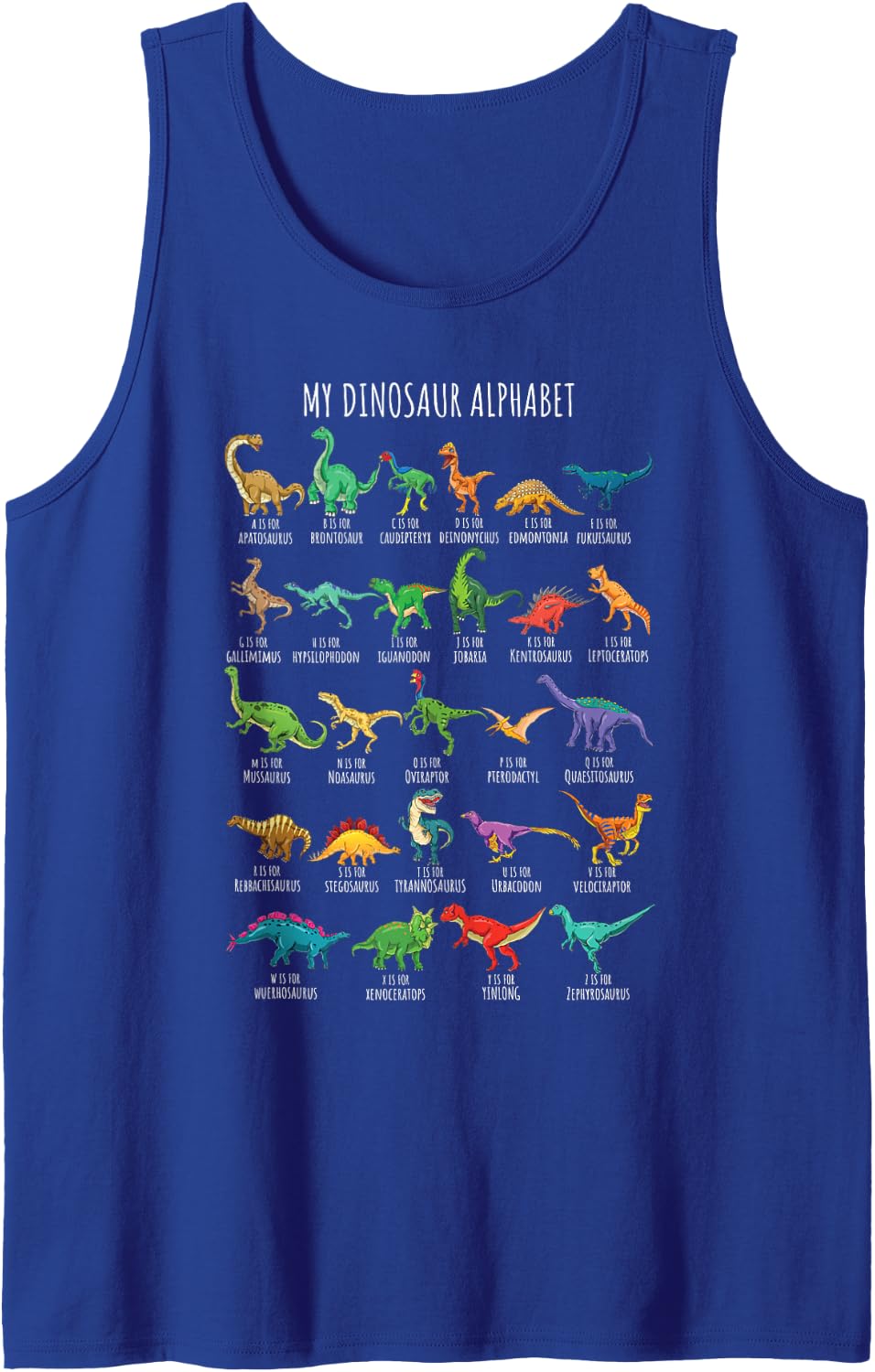 Types Of Dinosaurs Alphabet A-Z ABC Dino Identification Tank Top - Royal Blue