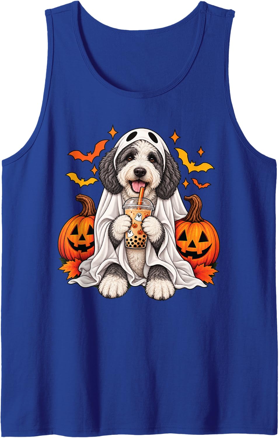 Sheepadoodle Dog Ghost Boo Boba Halloween Pumpkin Bubble Tea Sleeveless Tank Top - Royal Blue