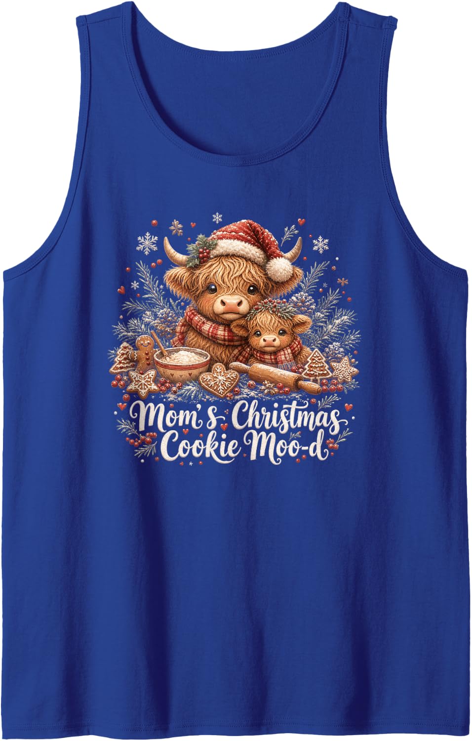 Christmas Baking Mom Highland Cow and Calf Sleeveless Tank Top - Royal Blue
