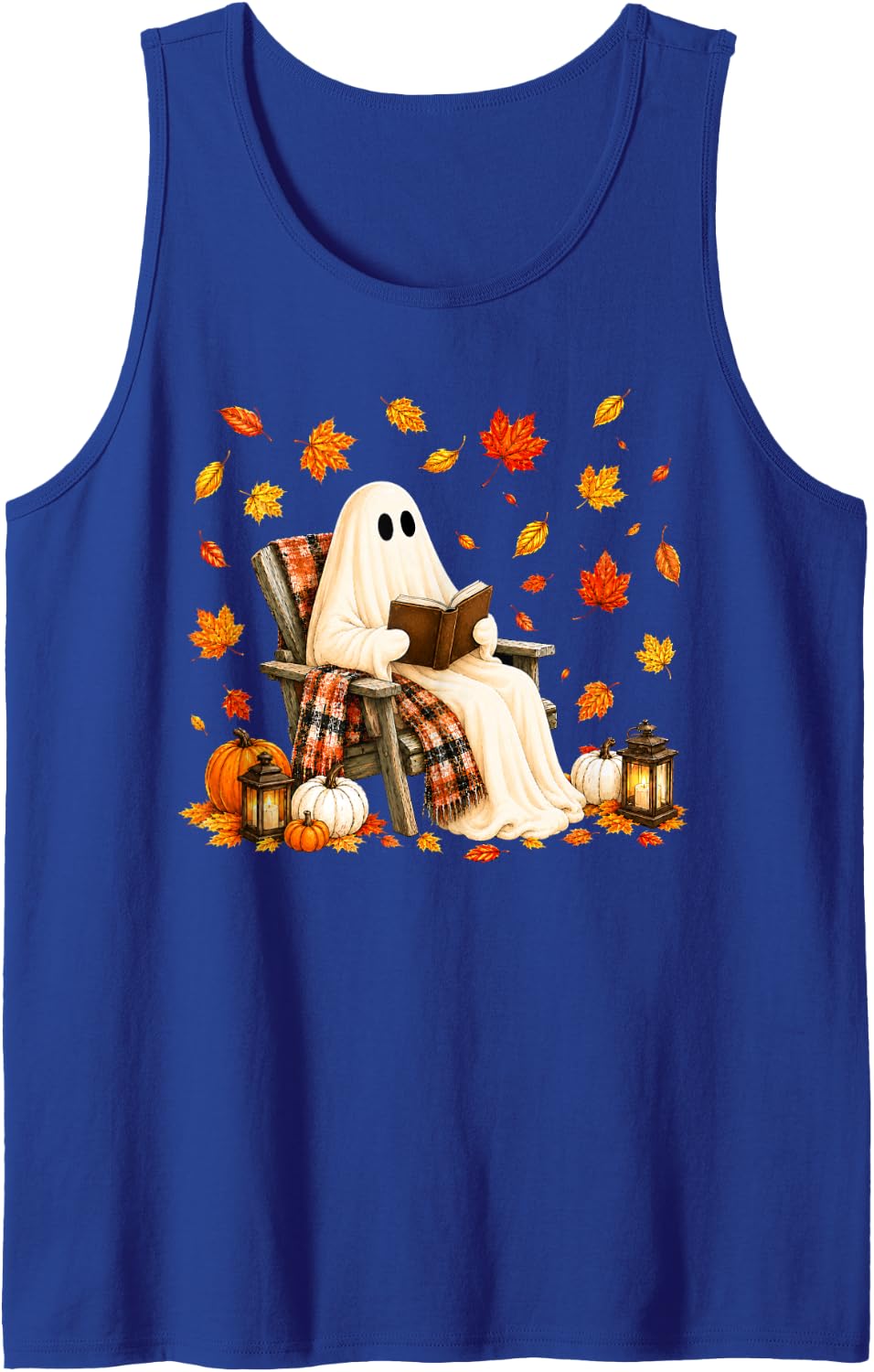 Cute Ghost Reading Book Lovers Autumn Fall Halloween Ghost Sleeveless Tank Top - Royal Blue