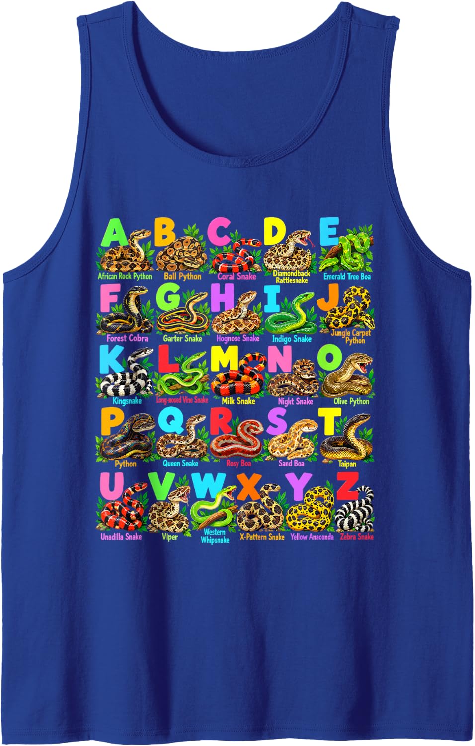 ABC Snake Alphabet Species Reptile Educational Herpetologist Sleeveless Tank Top - Royal Blue
