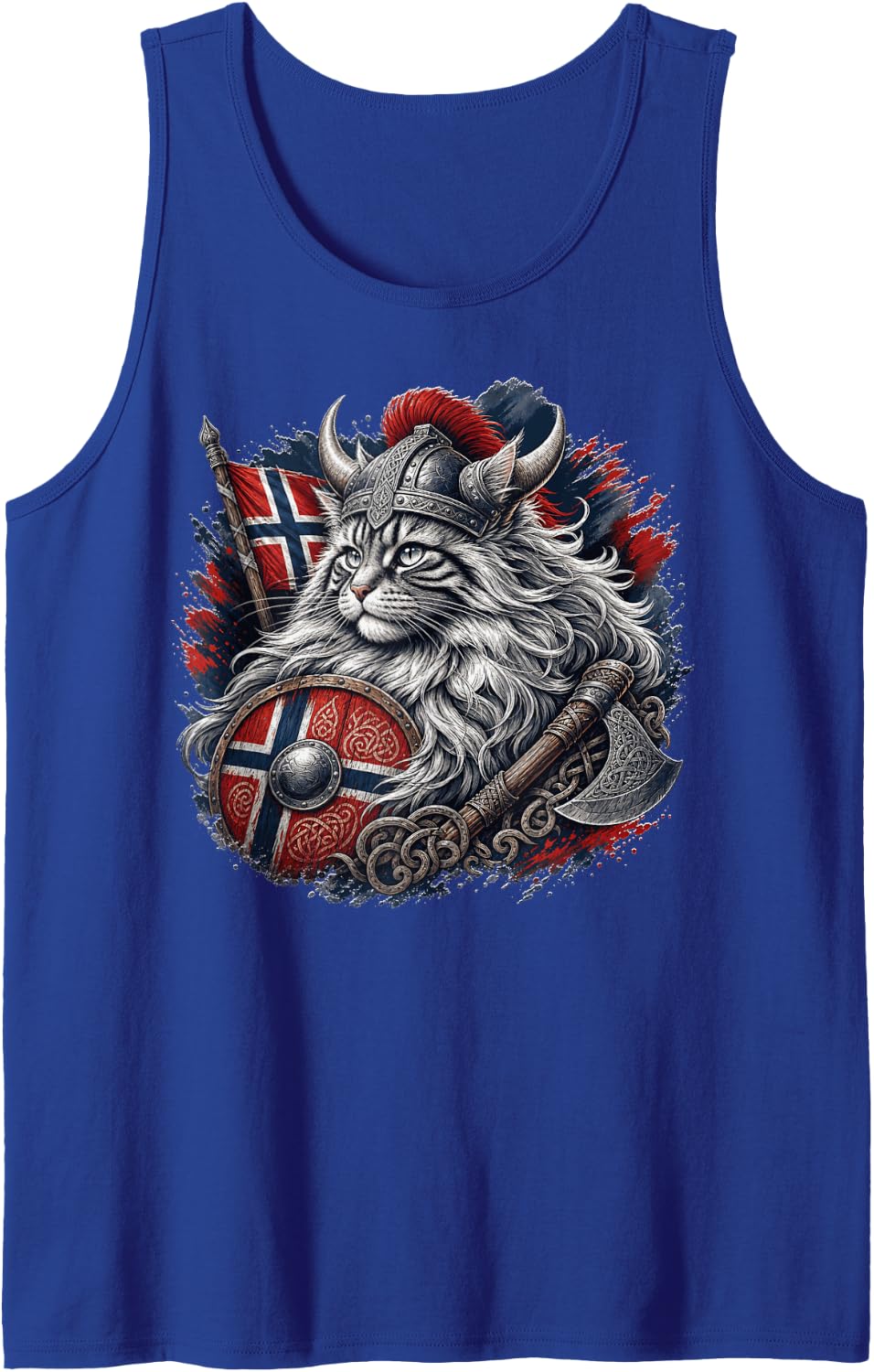 Majestic Norwegian Forest Cat Viking Illustration Sleeveless Tank Top - Royal Blue