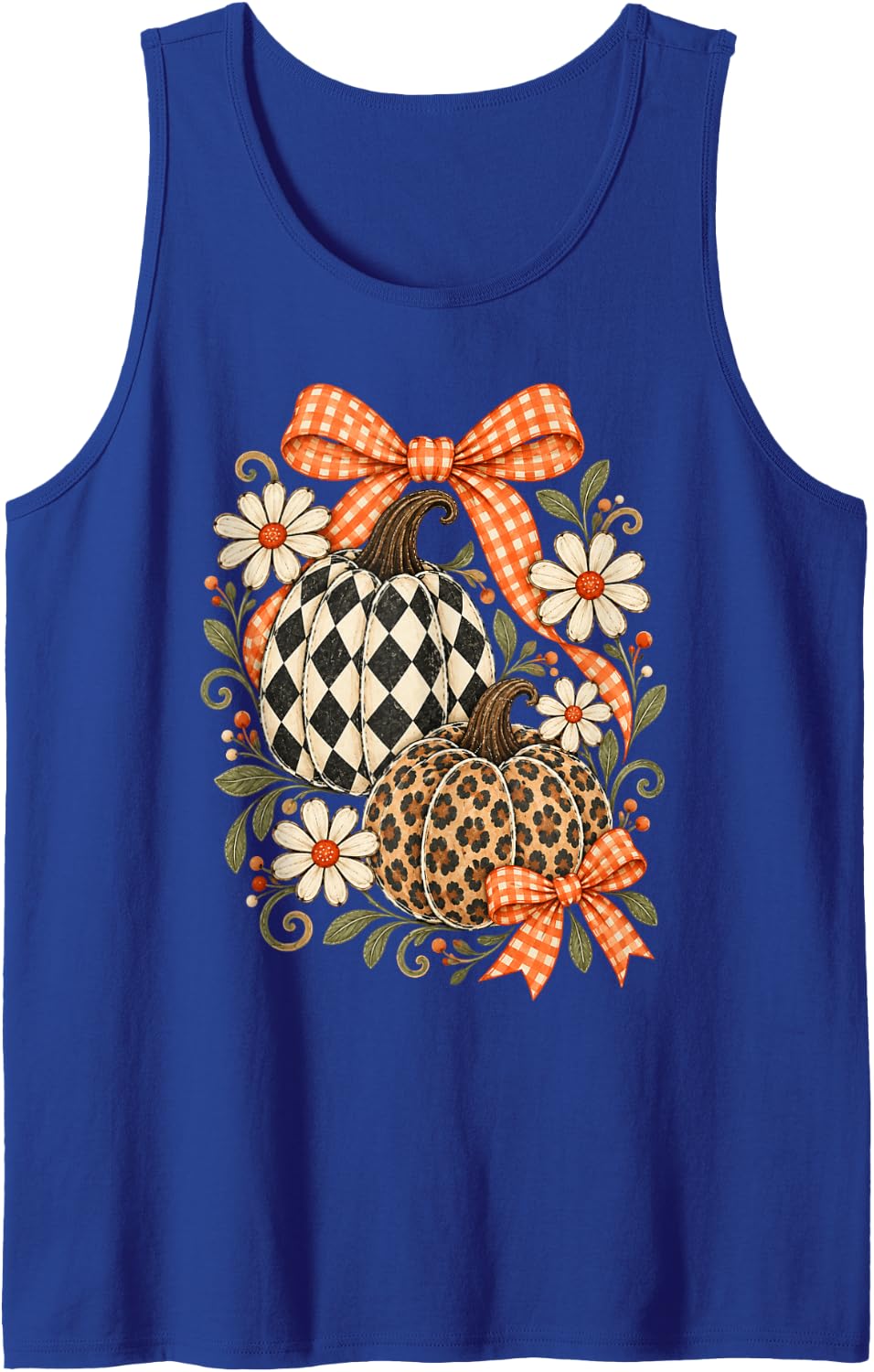 Fall Pumpkin Daisy Bow Autumn Harvest Floral Sleeveless Tank Top - Royal Blue