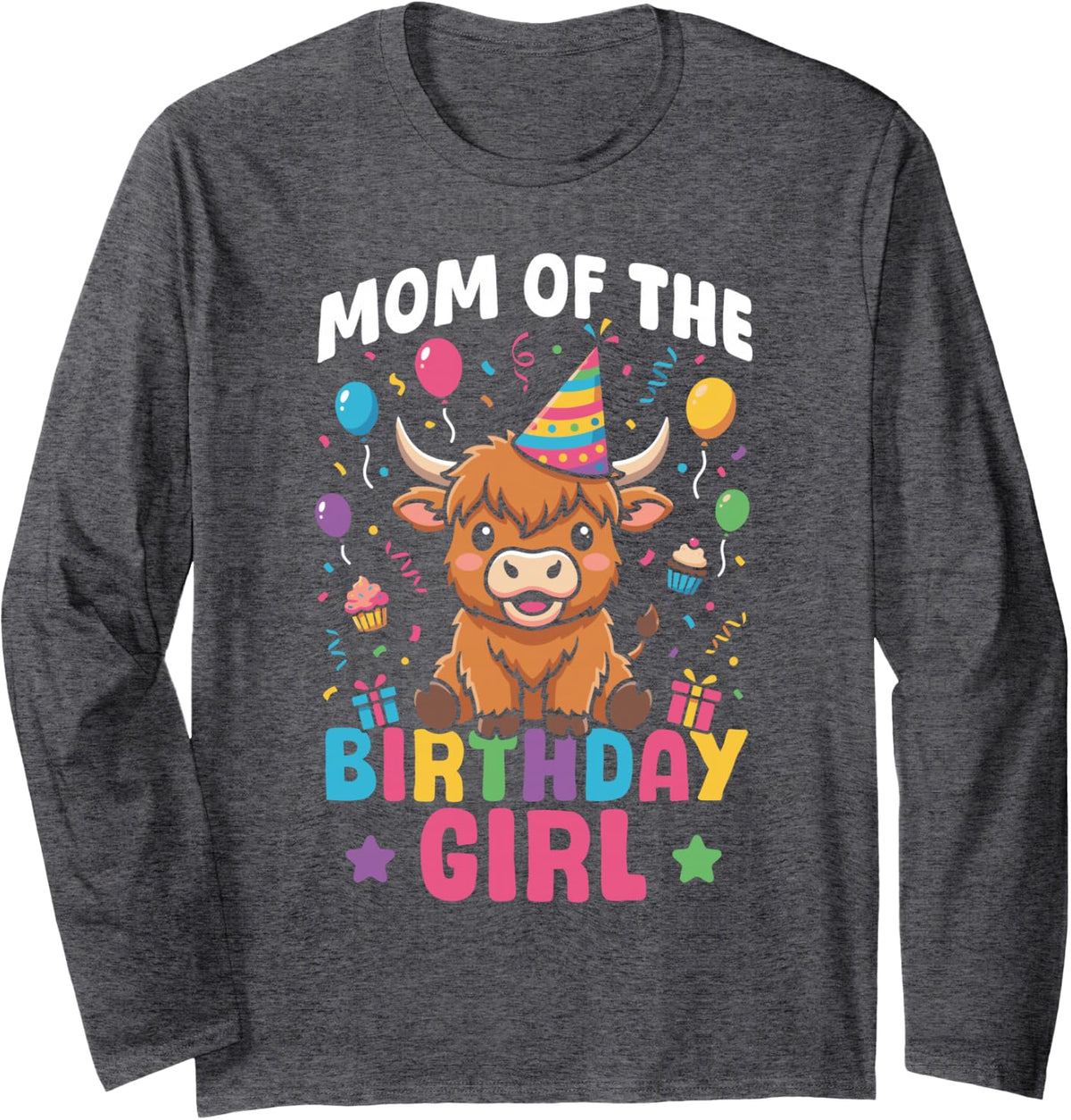 Highland Cow Mom of The Birthday Girl Long Sleeve T-Shirt - Adult Unisex Dark Heather Grey