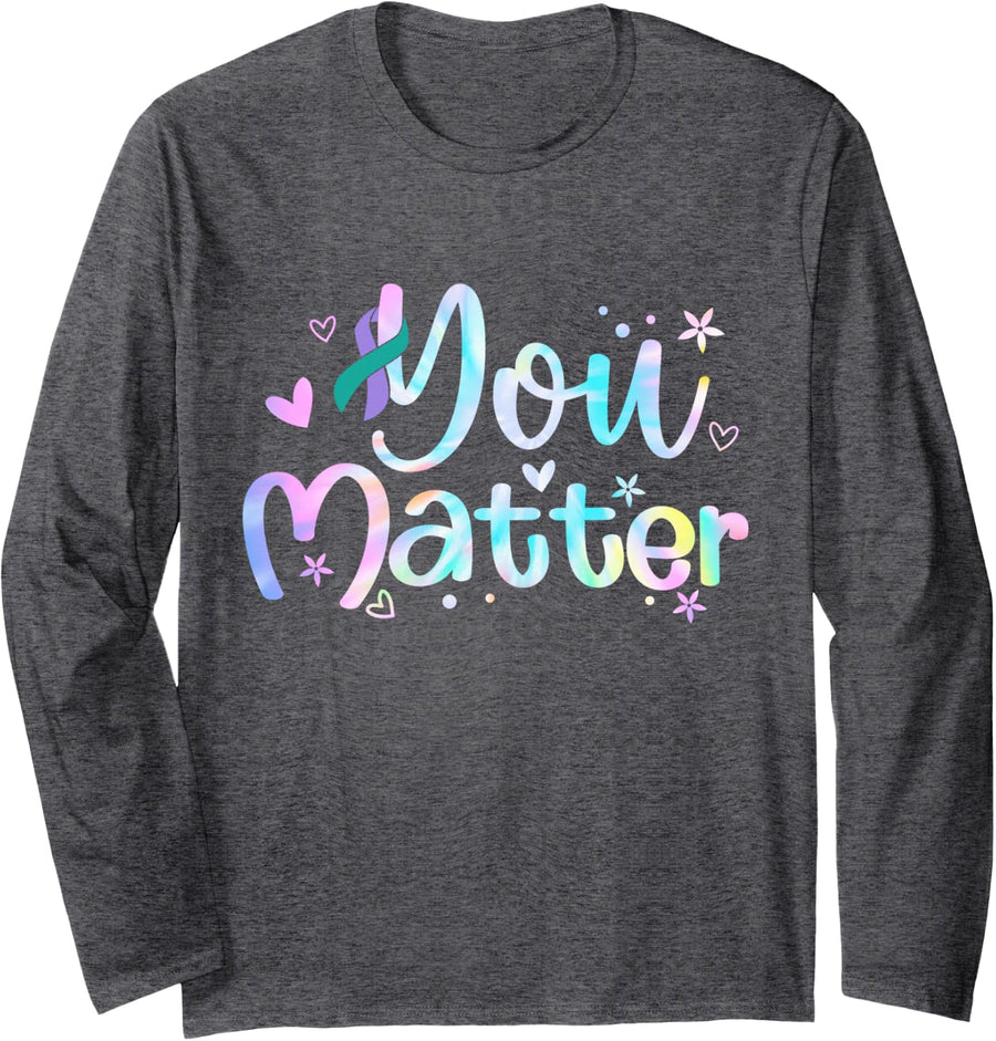 You Matter Suicide Prevention Awareness Teal Purple Ribbon Long Sleeve T-Shirt - Adult Unisex Dark Heather Grey