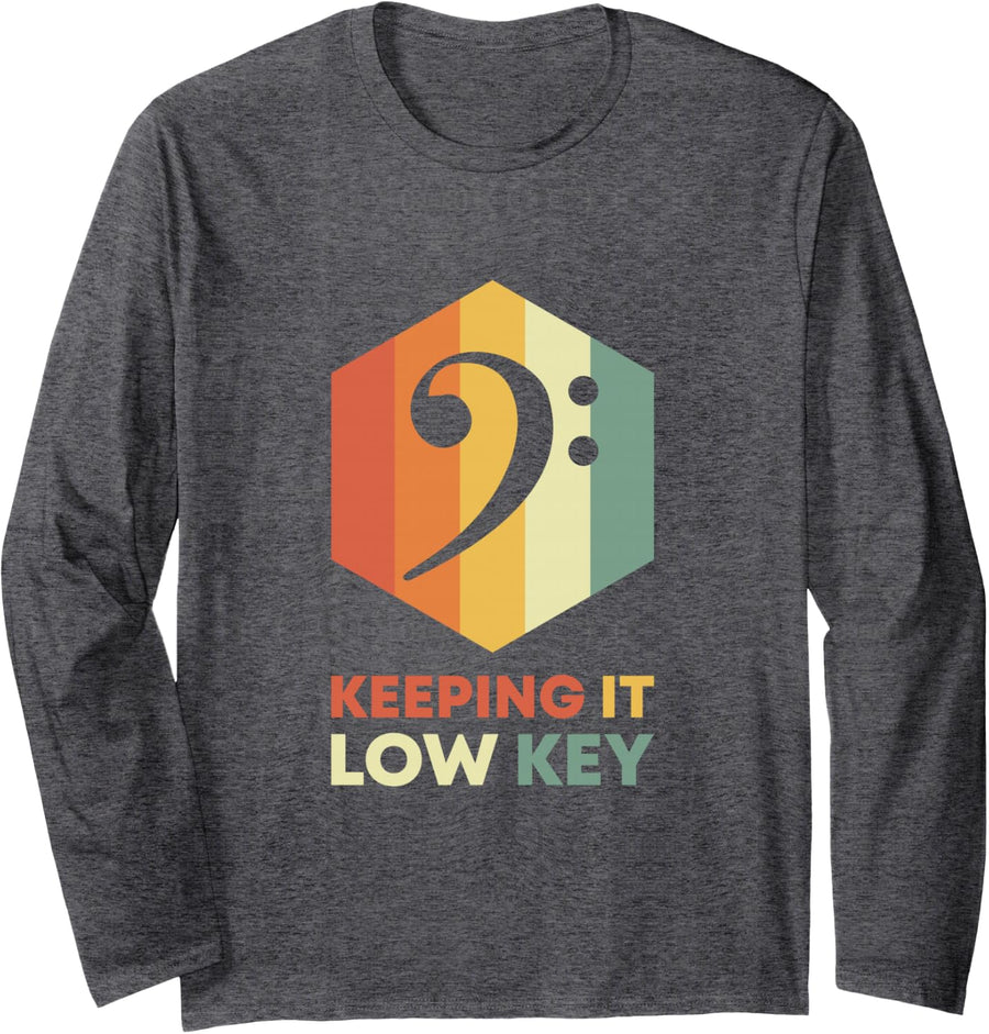 Keeping It Low Key Retro Music Note Funny Musician Bass Clef Long Sleeve T-Shirt - Adult Unisex Dark Heather Grey