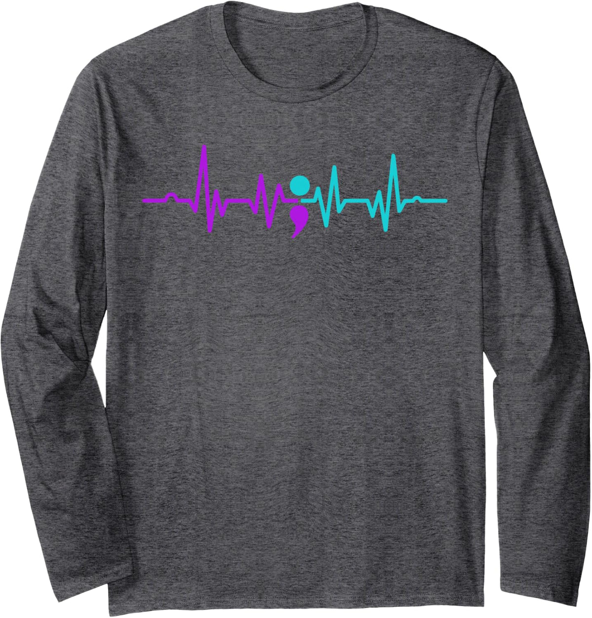Semicolon Heartbeat Suicide Prevention Awareness Long Sleeve T-Shirt - Adult Unisex Dark Heather Grey