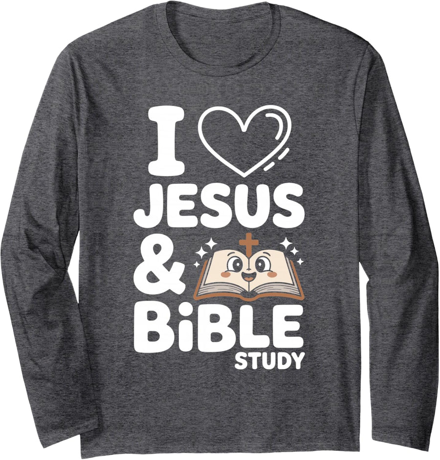 I Love Jesus and Bible Study Long Sleeve T-Shirt - Adult Unisex Dark Heather Grey