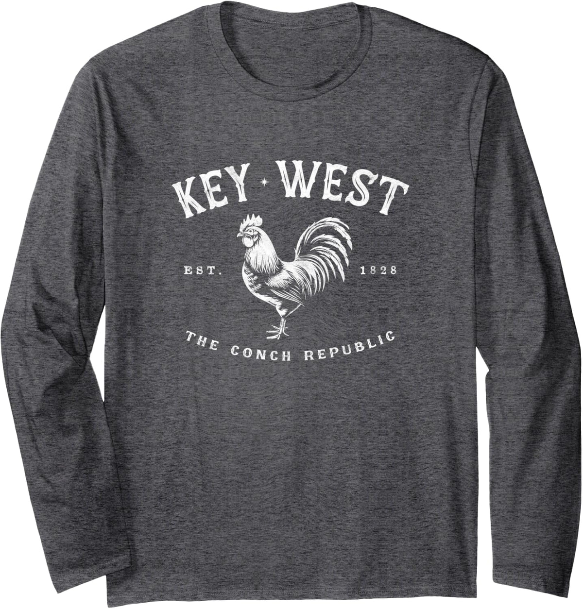 Funny Key West Rooster Chicken Sunrise Fishing Surfing Scuba Long Sleeve T-Shirt - Adult Unisex Dark Heather Grey