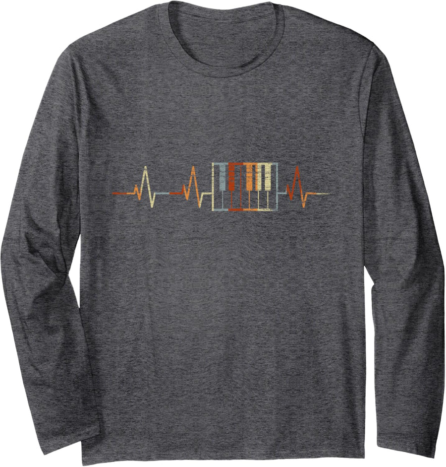 Piano Heartbeat Vintage ECG Cardiogram Retro Long Sleeve T-Shirt - Adult Unisex Dark Heather Grey