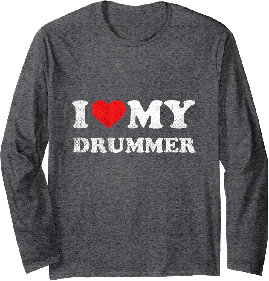 I Heart My Drummer Long Sleeve T-Shirt - Adult Unisex Dark Heather Grey
