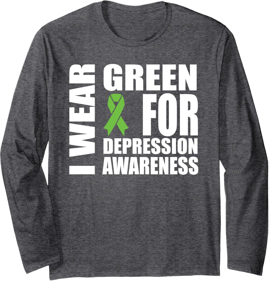 Depression Mental Health Awareness Green Ribbon Support Long Sleeve T-Shirt - Adult Unisex Dark Heather Grey