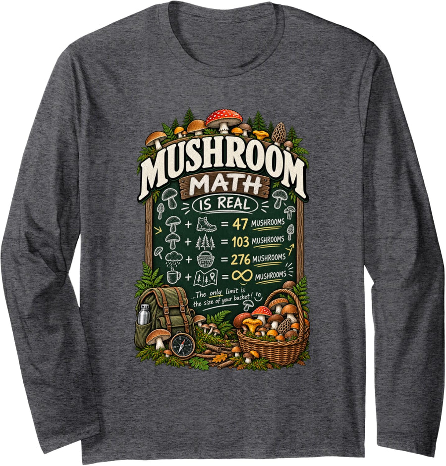 Mushroom Math Chanterelle Mycology Shirt Long Sleeve T-Shirt - Adult Unisex Dark Heather Grey