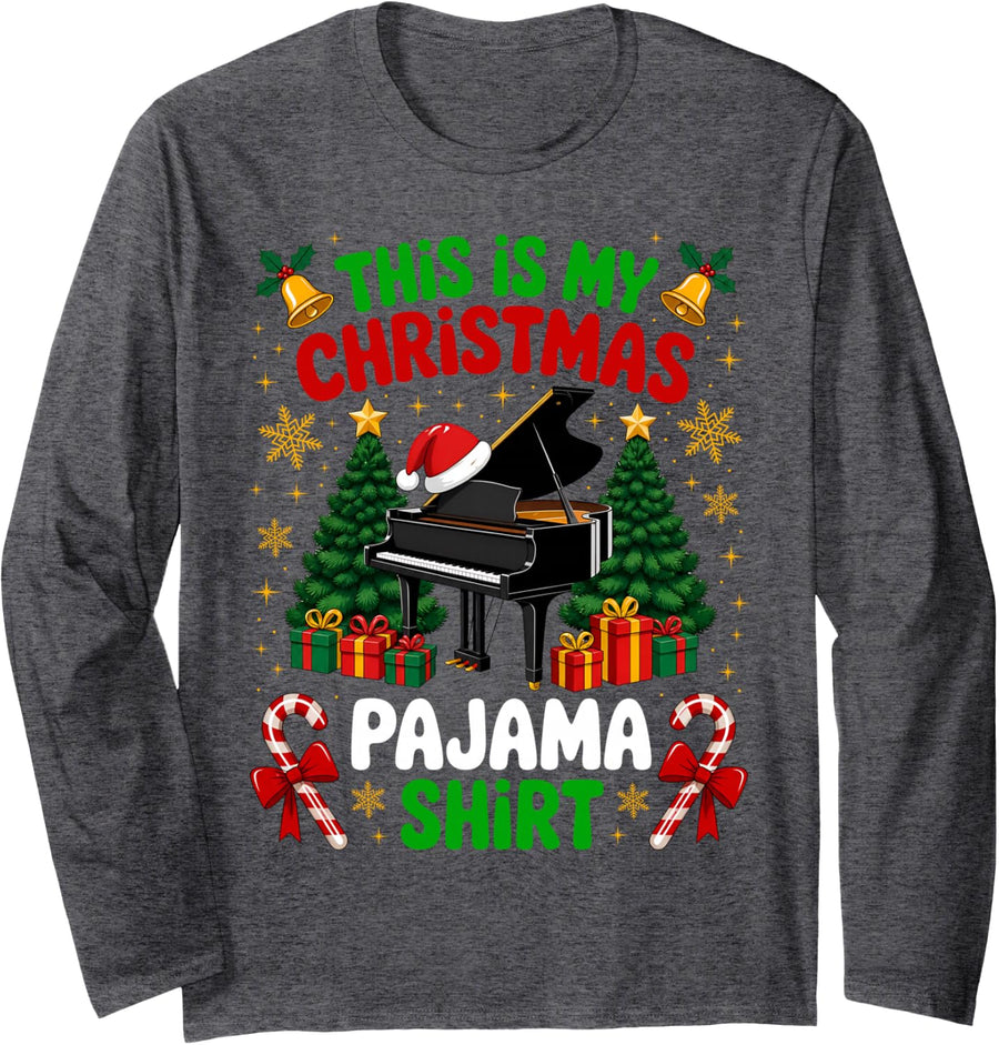This is My Christmas Pajama Holiday Musical Piano Long Sleeve T-Shirt - Adult Unisex Dark Heather Grey