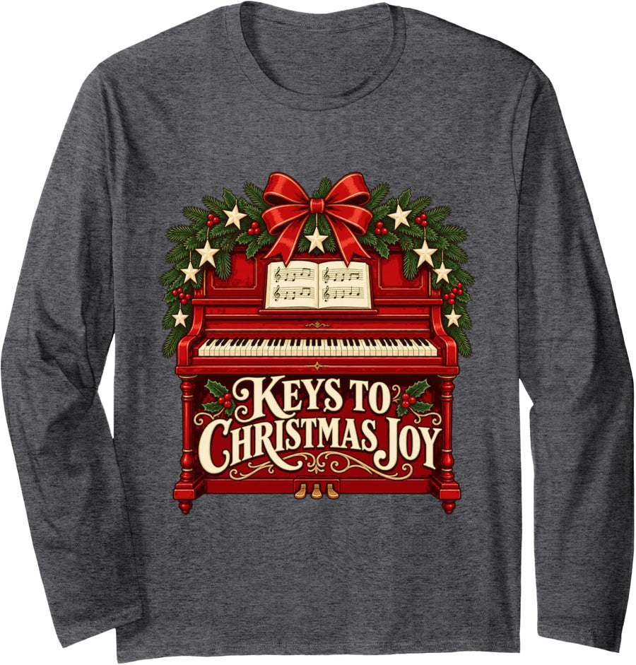 Christmas Piano with Evergreen Garland and Music Long Sleeve T-Shirt - Adult Unisex Dark Heather Grey