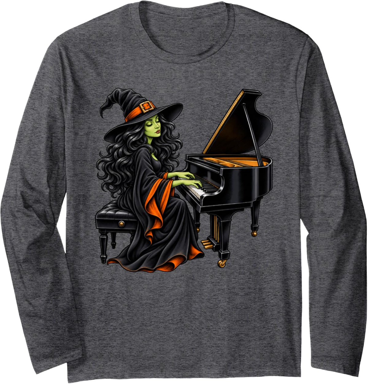 Witch Playing Piano Musician Music Halloween Long Sleeve T-Shirt - Adult Unisex Dark Heather Grey