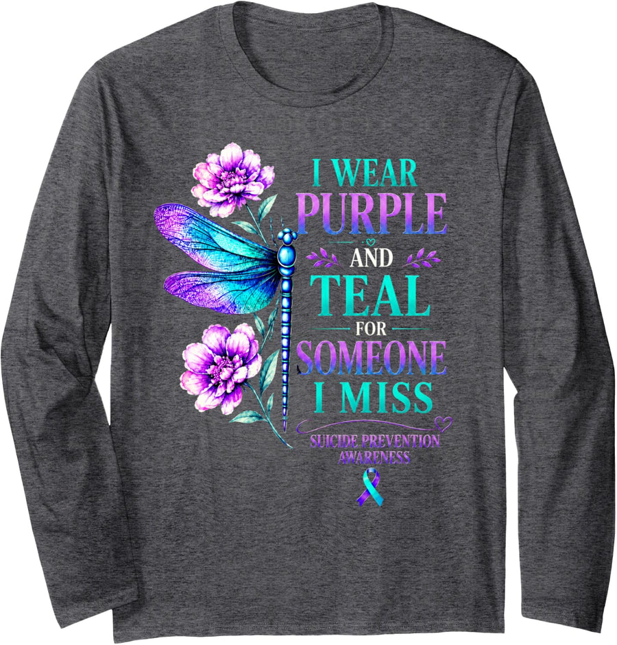 I Wear Teal & Purple Suicide Prevention Awareness Dragonfly Long Sleeve T-Shirt - Adult Unisex Dark Heather Grey
