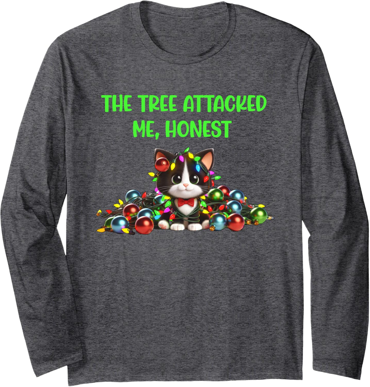 Christmas Cat Tangled Lights Tree Attack Tuxedo Cat Kitten Long Sleeve T-Shirt - Adult Unisex Dark Heather Grey