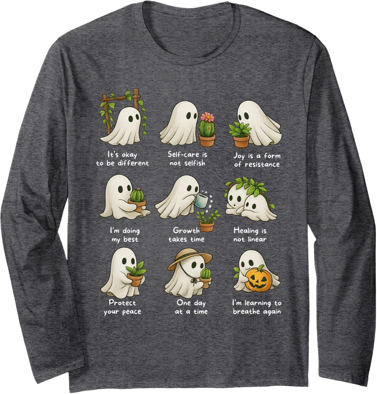 Mental Health Boo Ghost Planting Gardening Halloween Spooky Long Sleeve T-Shirt - Adult Unisex Dark Heather Grey