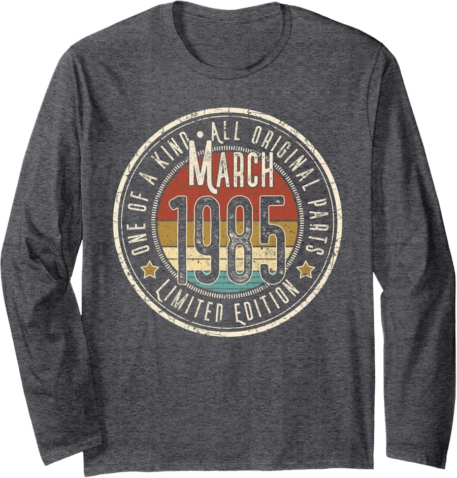 41st Birthday Vintage March 1985 Retro Limited Edition Long Sleeve T-Shirt - Adult Unisex Dark Heather Grey