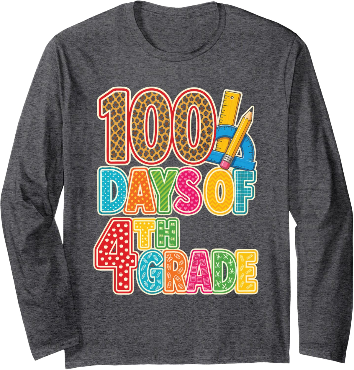 4th Grade 100 Days of School Leopard Print Girls Long Sleeve T-Shirt - Adult Unisex Dark Heather Grey