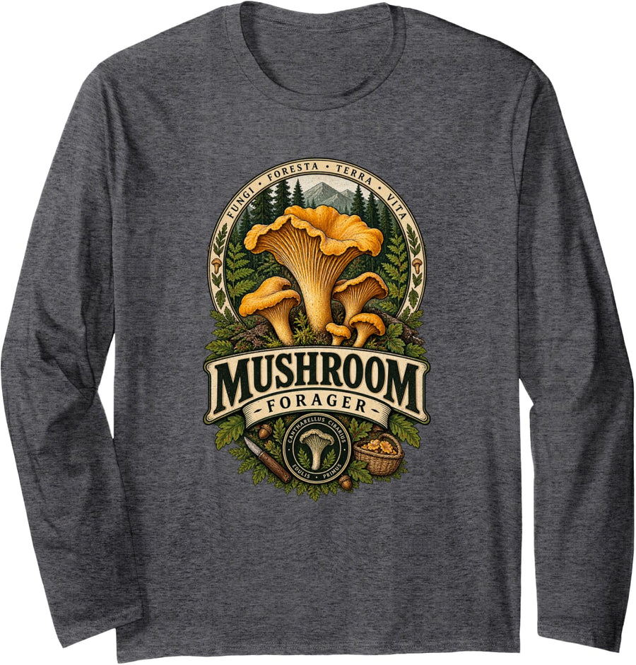 Fungi Fanatic Funny Mushroom Chanterelle Mycology Shirt Long Sleeve T-Shirt - Adult Unisex Dark Heather Grey