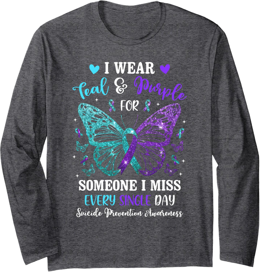 I Wear Teal & Purple Suicide Prevention Awareness Butterfly Long Sleeve T-Shirt - Adult Unisex Dark Heather Grey