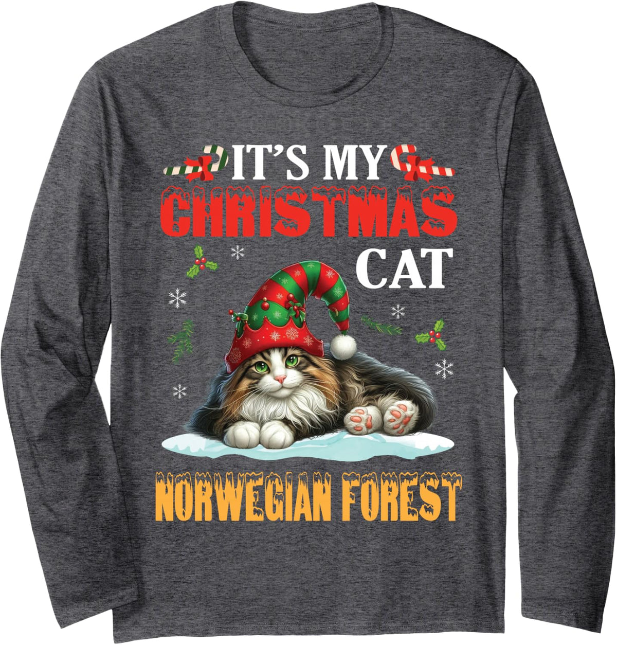 It’s My Christmas Cat Norwegian Forest Merry Day Mom Dad Long Sleeve T-Shirt - Adult Unisex Dark Heather Grey