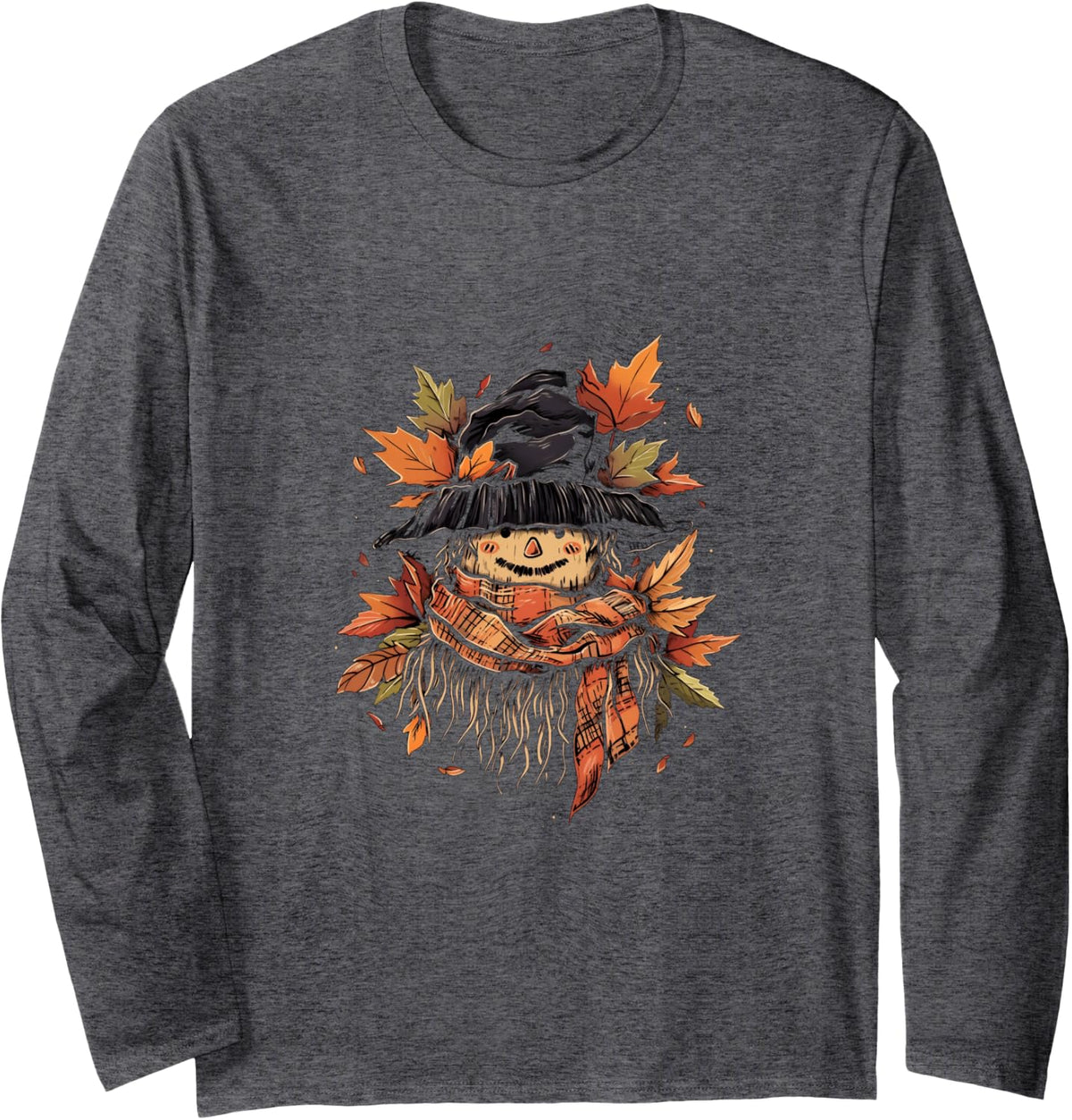 Scarecrow Autumn Fall Leaves Thanksgiving Halloween Long Sleeve T-Shirt - Adult Unisex Dark Heather Grey