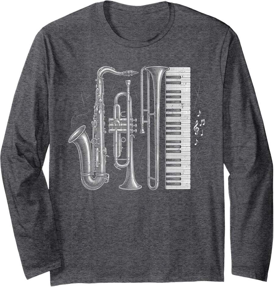 Jazz Music Horn Section Quartet Vintage Jazz Band Design Long Sleeve T-Shirt - Adult Unisex Dark Heather Grey