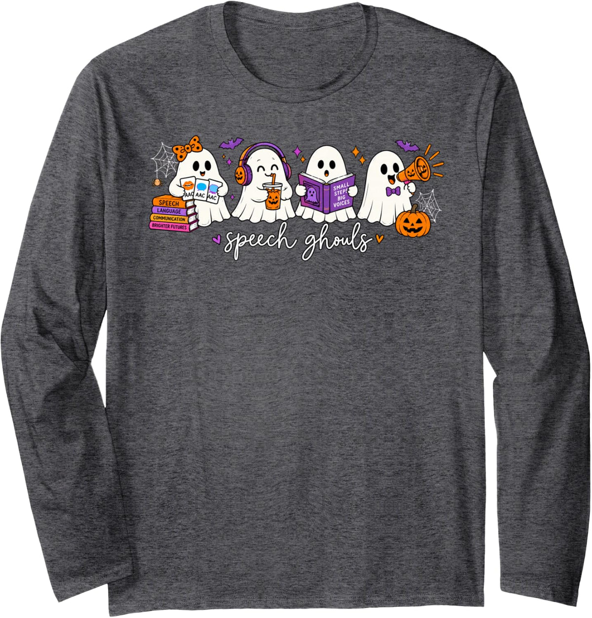 Cute Funny Ghosts Speech Ghouls Teacher SLP Halloween Long Sleeve T-Shirt - Adult Unisex Dark Heather Grey