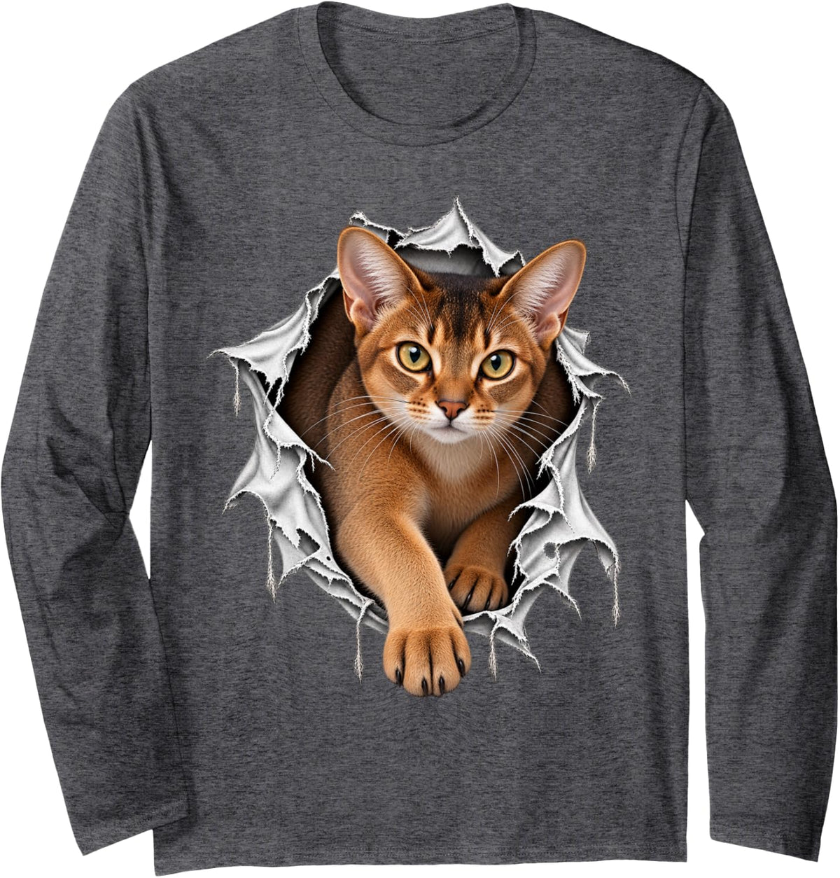 Abyssinian Cat Stepping Out from Ripped Long Sleeve T-Shirt - Adult Unisex Dark Heather Grey