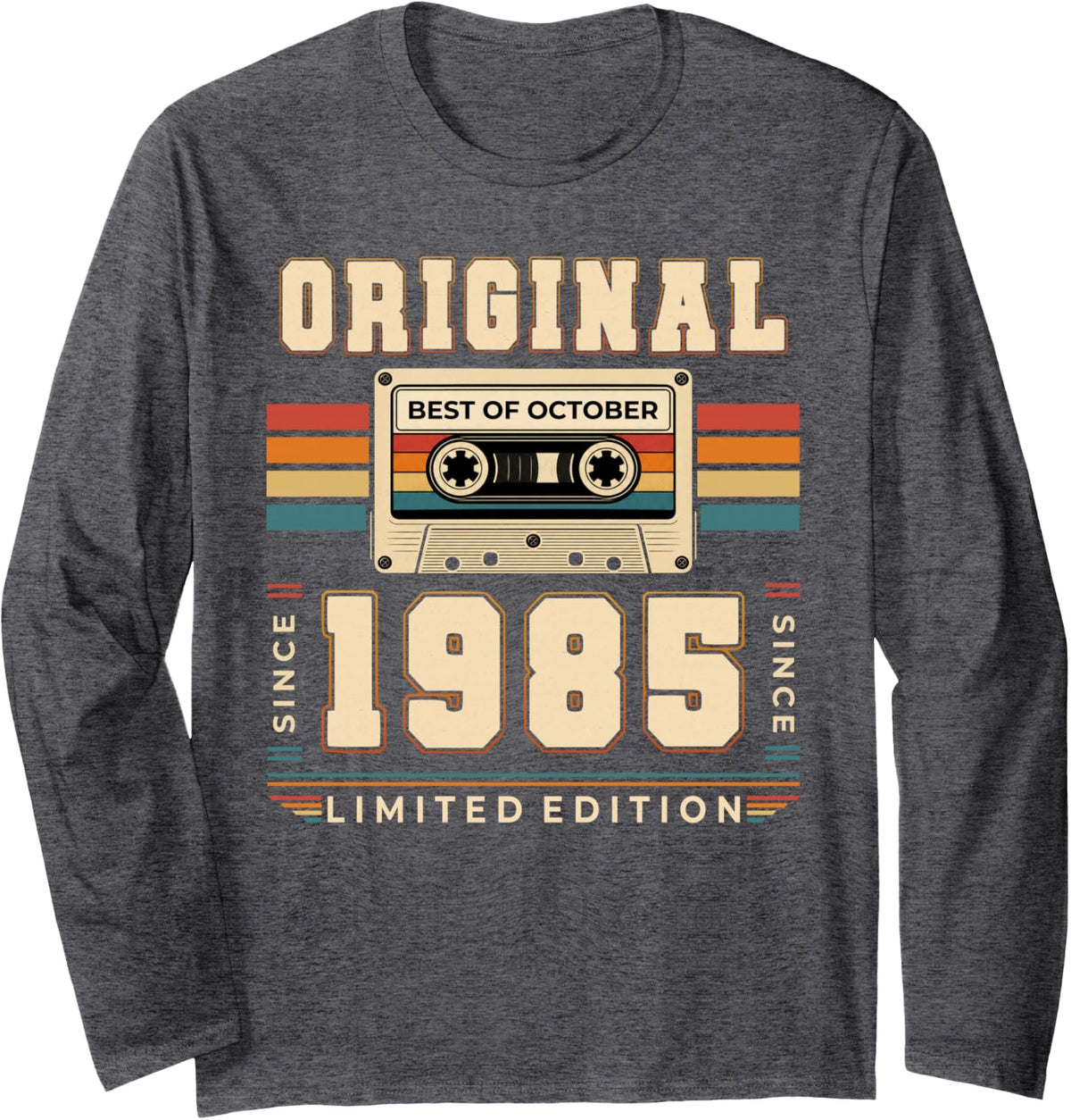 41st Birthday Gift Man Woman October 1985 Vintage Cassette Long Sleeve T-Shirt - Adult Unisex Dark Heather Grey