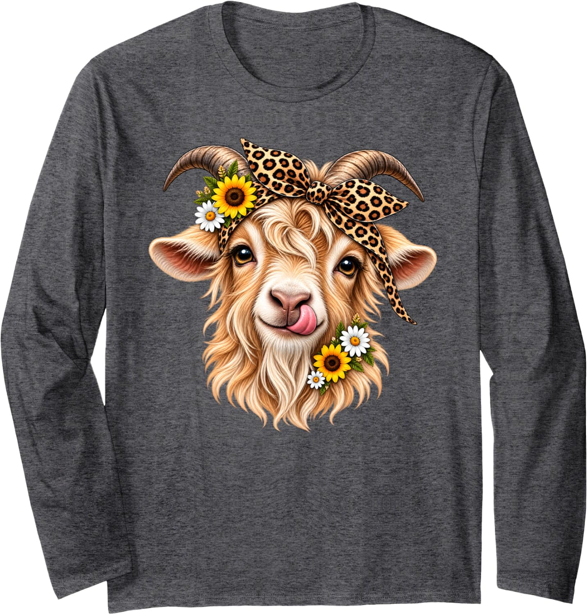 Cute Goat Farm Animal Flower Art Long Sleeve T-Shirt - Adult Unisex Dark Heather Grey