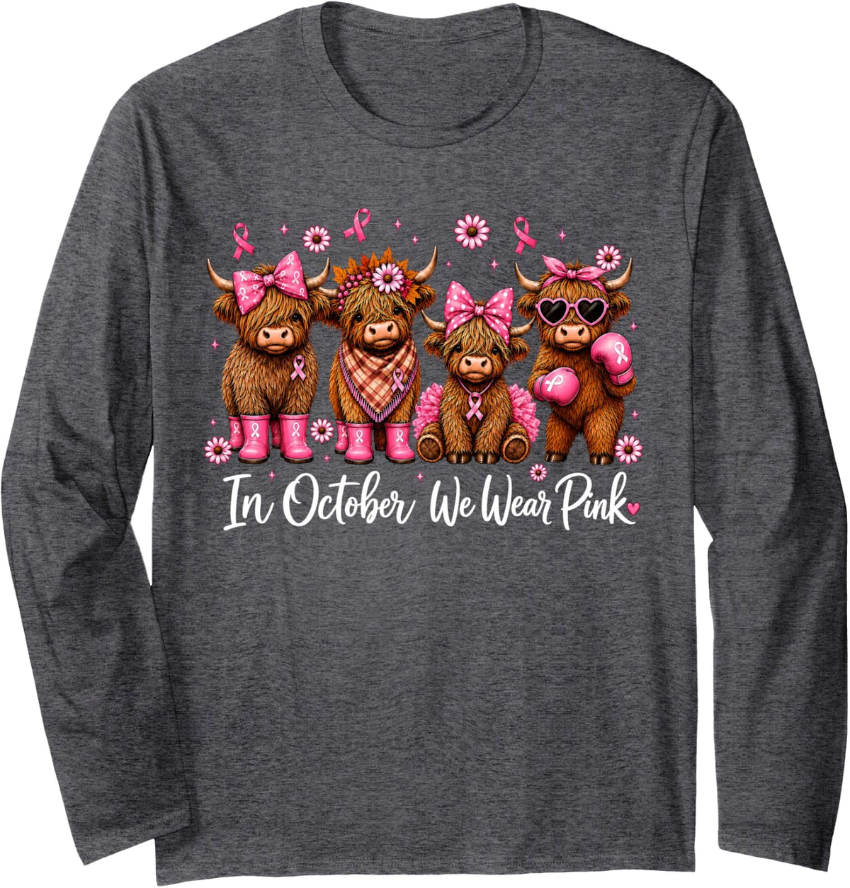 Pink Ribbon Coquette Bow Floral Highland Cow Breast Cancer Long Sleeve T-Shirt - Adult Unisex Dark Heather Grey
