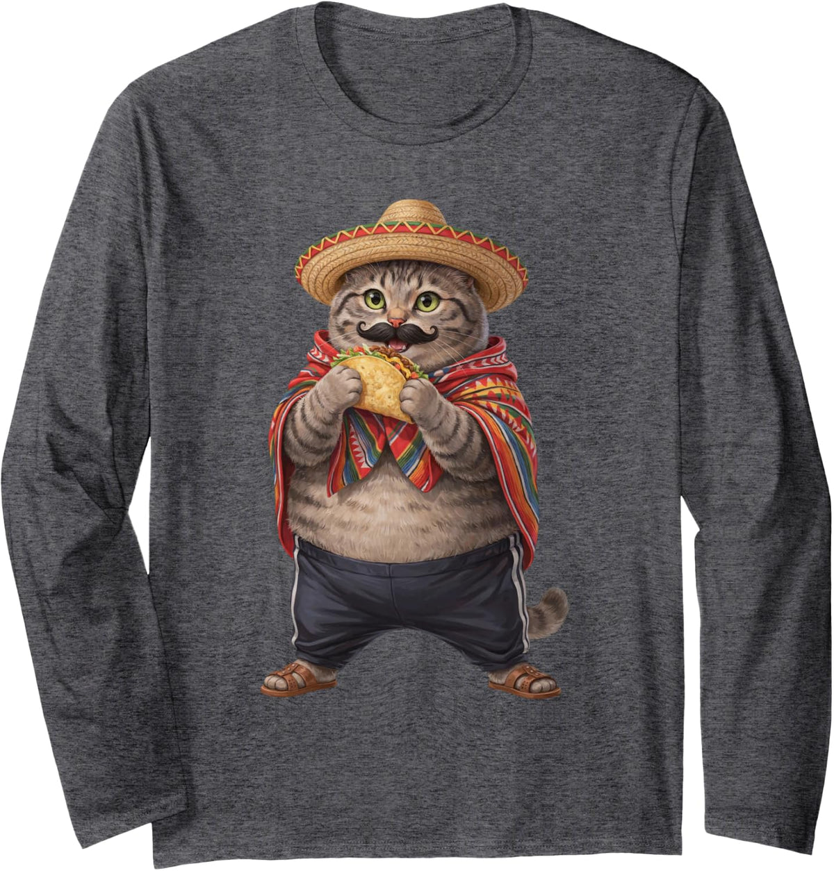 Funny Fat Cat Eating Taco Mustache Sombrero Cinco De Mayo Long Sleeve T-Shirt - Adult Unisex Dark Heather Grey