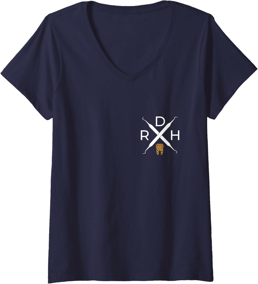 Womens RDH scaler logo with leopard print tooth dental hygienist V-Neck T-Shirt - Navy Blue