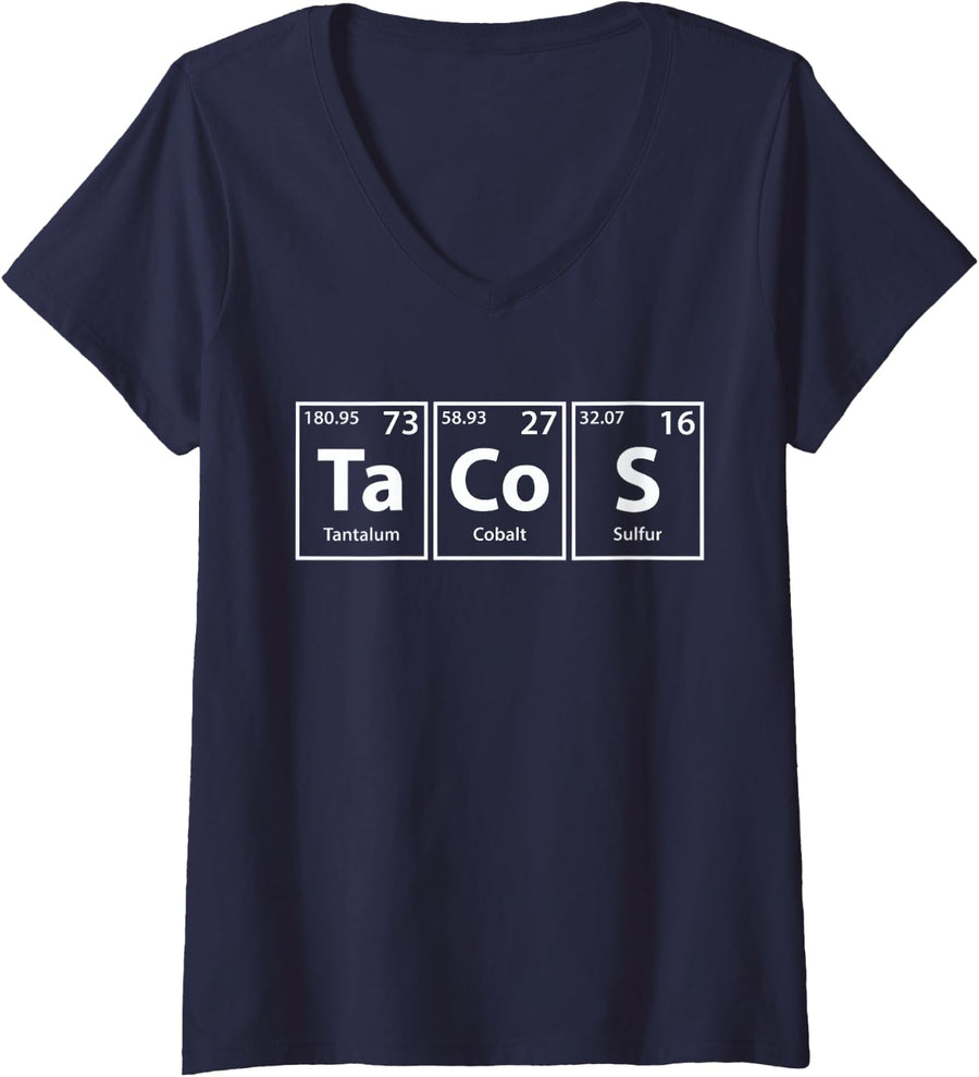 Women's Funny Tacos (Ta Co S) Periodic Elements Spelling V-Neck T-Shirt - Navy Blue