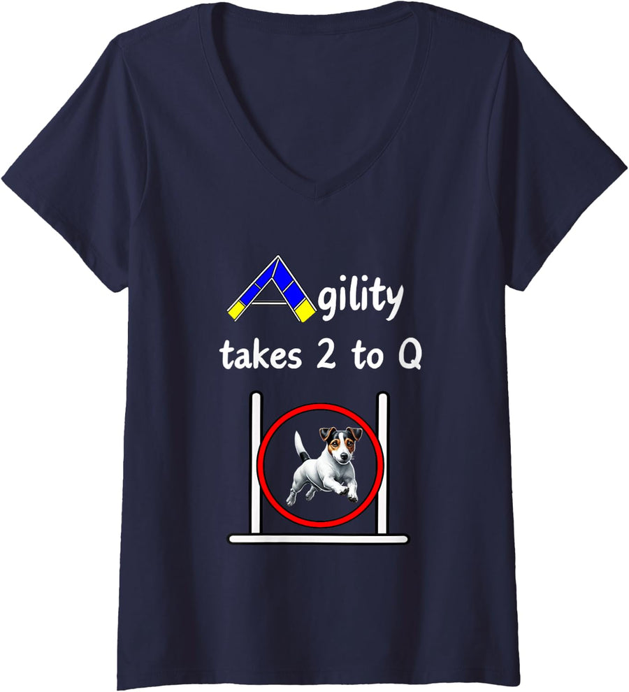 Womens Dog Agility Shirt - takes 2 to Q with a cute Jack Russell V-Neck T-Shirt - Navy Blue